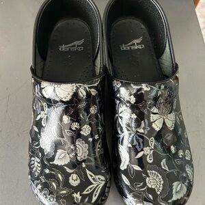 Dansko Black and White Floral Mules